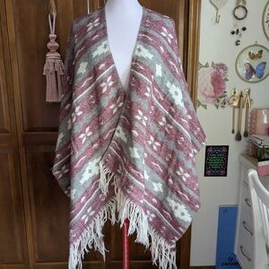 Xhilaration Burgundy and Gray Fringed Poncho